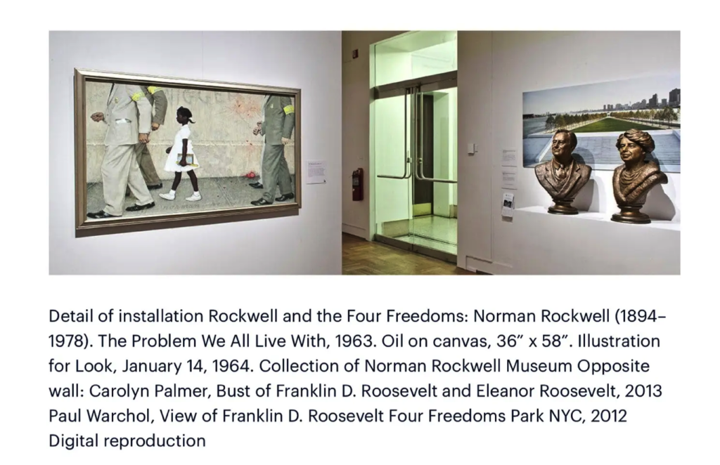 Museum gallery view showing framed artwork on the wall and bronze portrait busts displayed in the exhibition space.