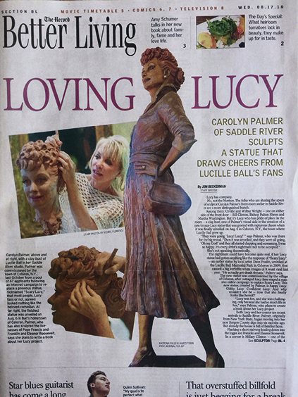 Newspaper feature showing the Lucille Ball bronze statue alongside photos of sculptor Carolyn D. Palmer working on the piece.