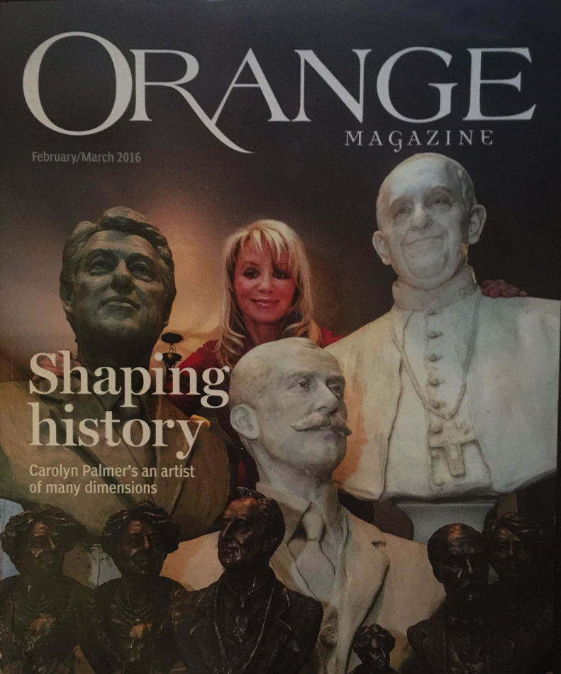 Orange Magazine cover featuring sculptor Carolyn D. Palmer surrounded by several of her bronze portrait sculptures.