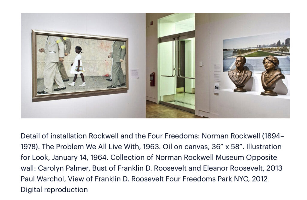 Museum gallery view showing framed artwork on the wall and bronze portrait busts displayed in the exhibition space.