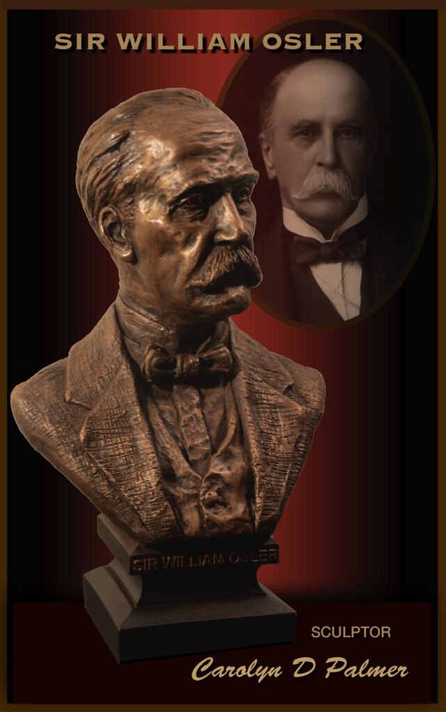 Bronze bust sculpture of Sir William Osler shown from the front, with a historical portrait of Osler in the background.