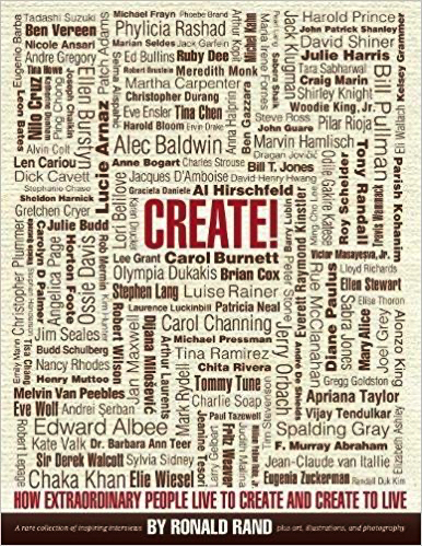 Book cover for Create! by Ronald Rand, featuring a typographic collage of names celebrating creative artists.