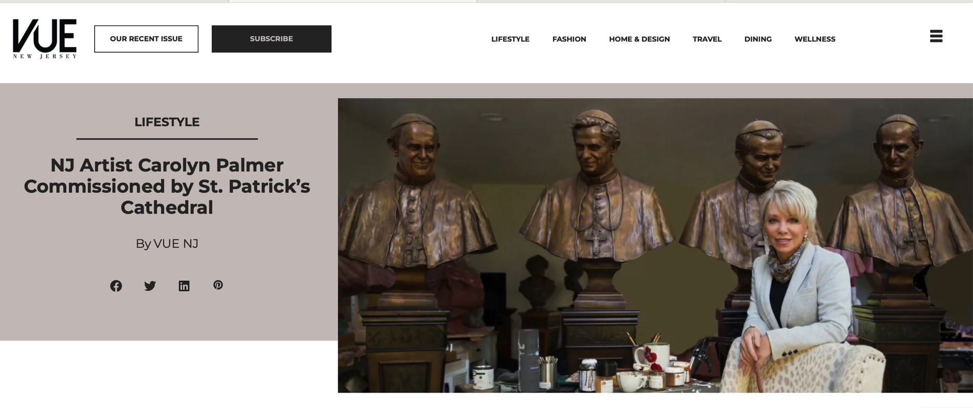 Online lifestyle article showing sculptor Carolyn D. Palmer with four bronze papal busts displayed behind her.