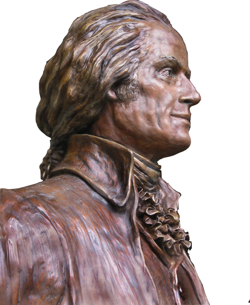 Profile view of the bronze Thomas Jefferson sculpture, highlighting facial features, hair, and textured surface detail.