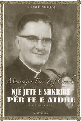 Book cover featuring a black-and-white portrait of Monsignor Dr. Zef Oroshi, used as the reference for a commissioned sculpture.