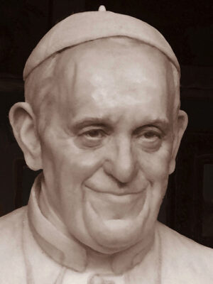 Portrait view of a sculpted bust of Pope Francis, showing a gentle smile and clerical attire.